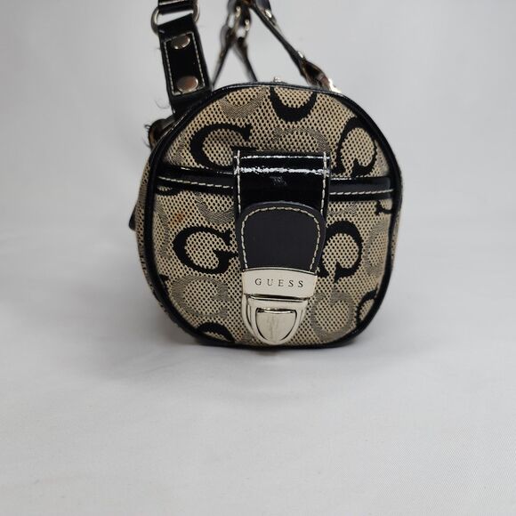 Guess Monogram Barrel Bag Satchel G Logo Canvas Black Patent Trim Purse Y2K - Picture 3 of 11